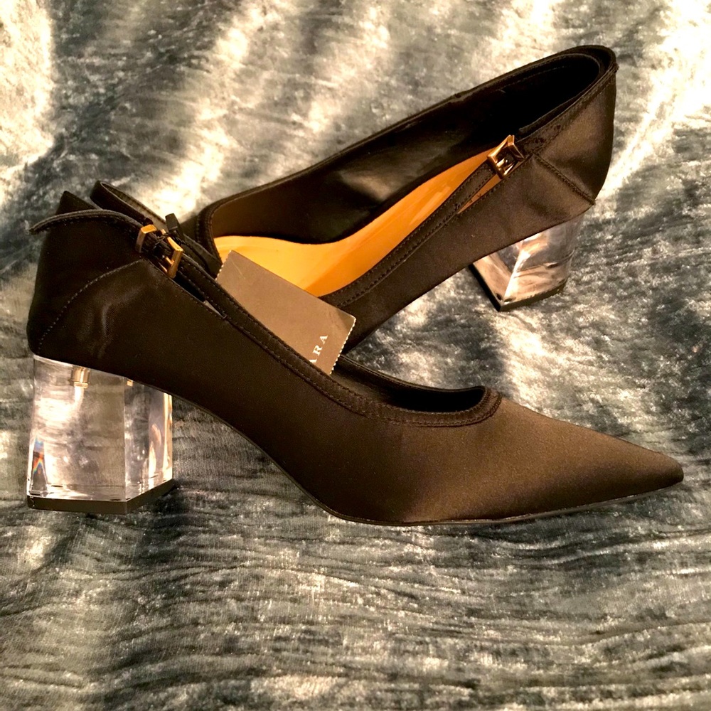 NWT Zara Trafaluc Black Satin Heels